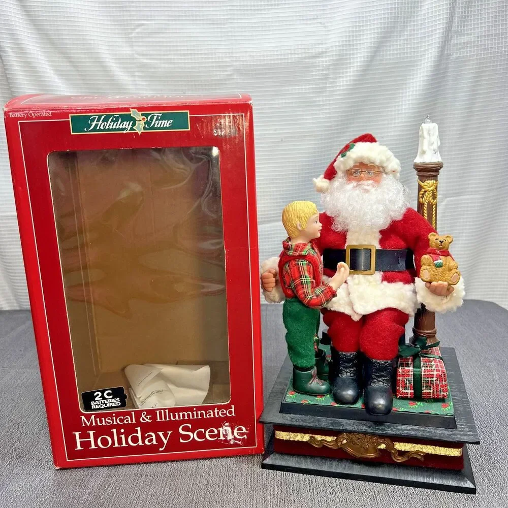 Vtg 1993 Holiday Creations Illuminated Musical Scene Santa Claus w/ Boy Video
